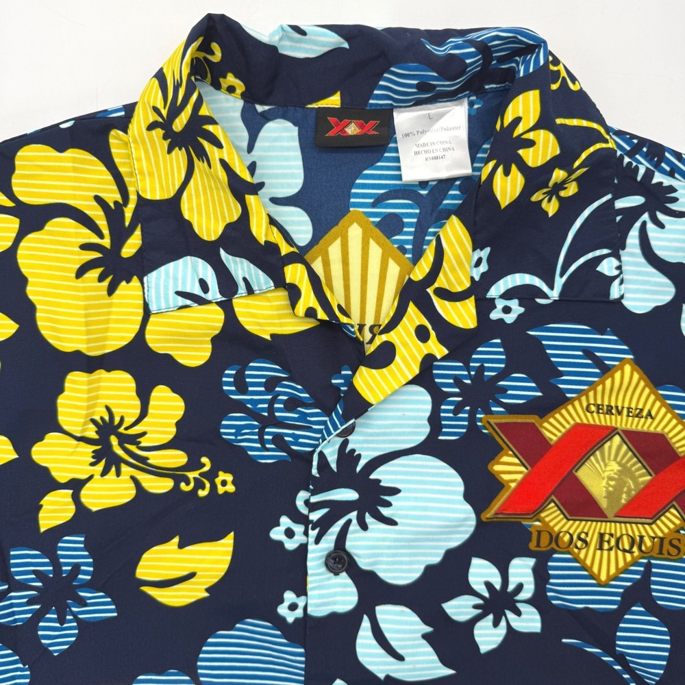 Dos Equis Button Up Shirt Mens L Navy Blue Floral Hibiscus Cerveza Logo Tropical